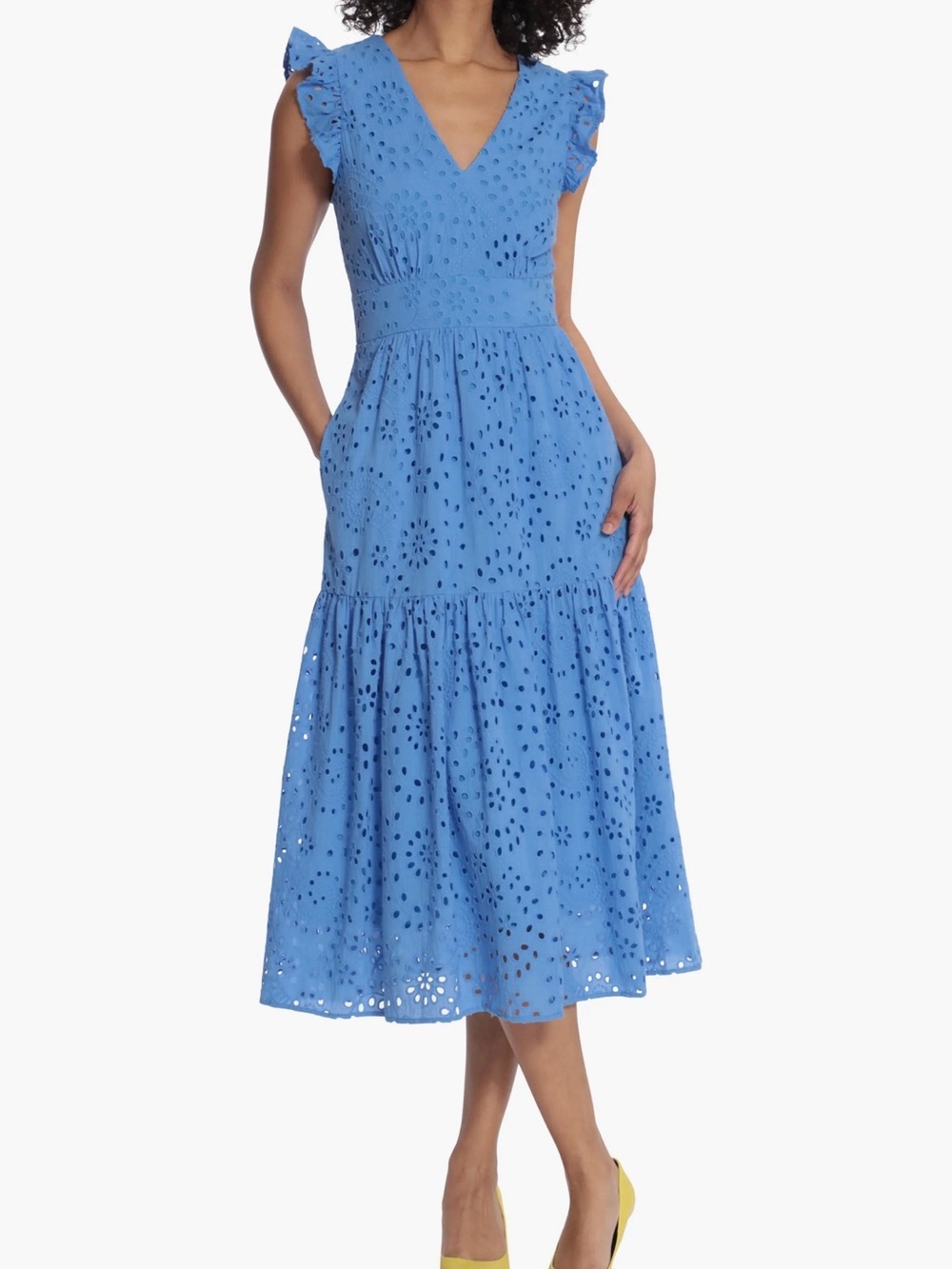 NWT Maggy London Blue Eyelet A-Line Midi Dress V-Neck Zip Ruffle Sleeve Size 16